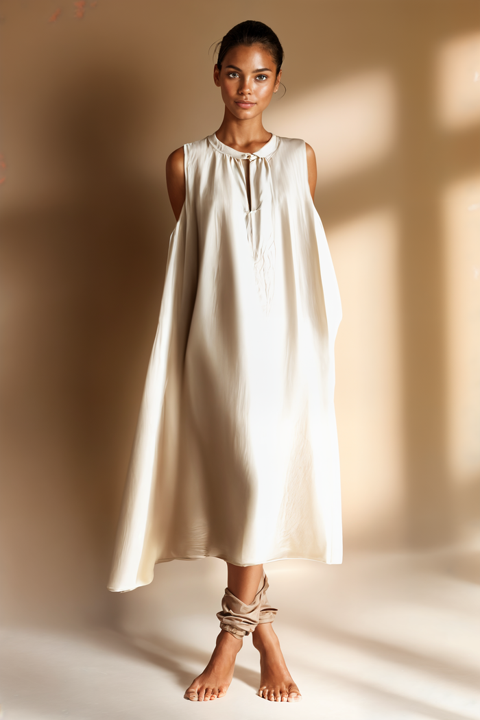 MANDARIN COLLAR LINEN MIDI DRESS