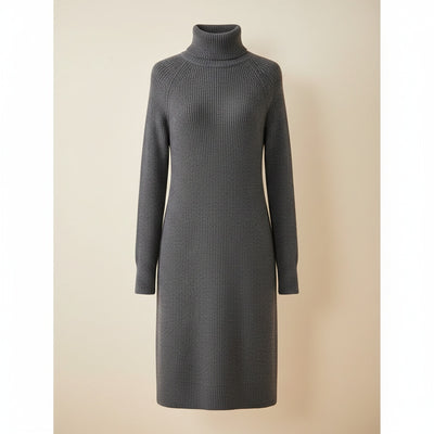 CHARCOAL RIBBED TURTLENECK KNIT DRESS
