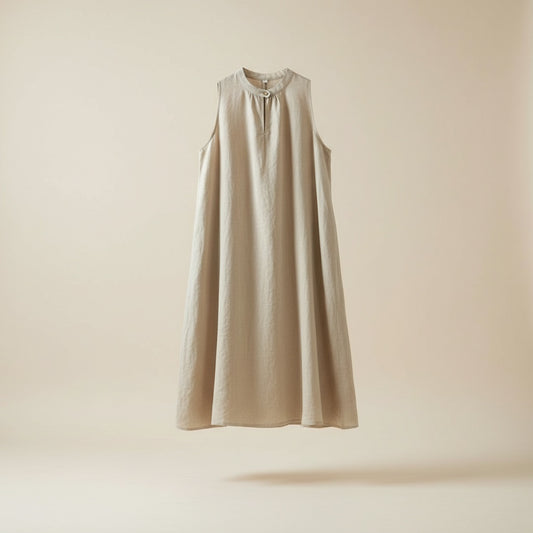 Sleeveless off-white midi dress with mandarin collar and single-button placket, softly draped A-line silhouette in natural linen.