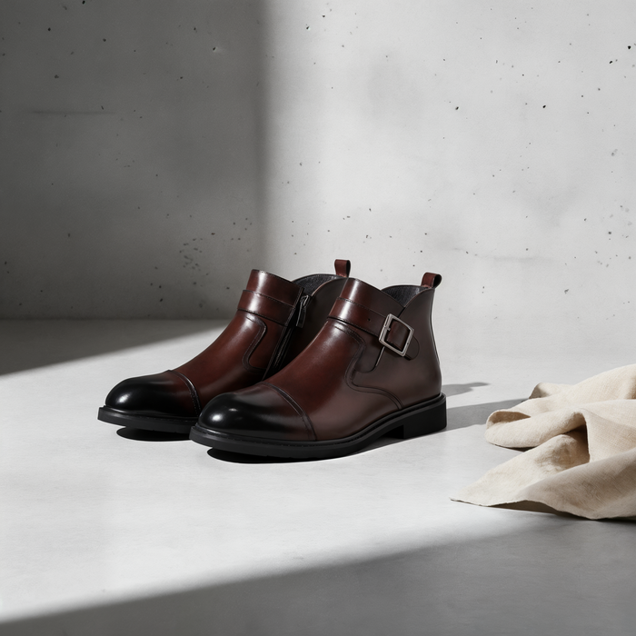 BURGUNDY BUCKLED CHELSEA ANKLE BOOT