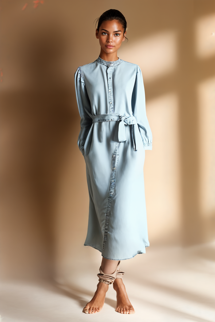 BELTED DENIM MAXI SHIRTDRESS