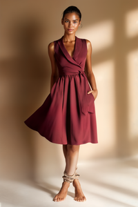 BURGUNDY SHAWL-LAPEL BELTED MIDI DRESS