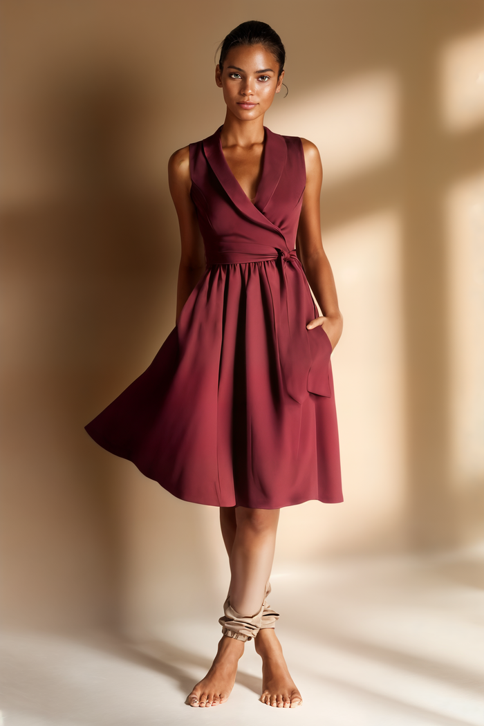 BURGUNDY SHAWL-LAPEL BELTED MIDI DRESS