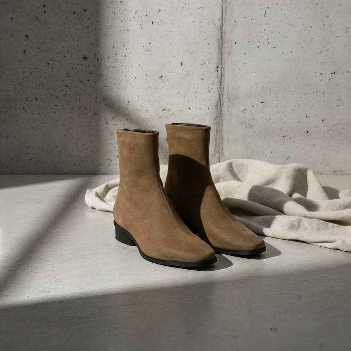 CAMEL SUEDE SQUARE ANKLE BOOT