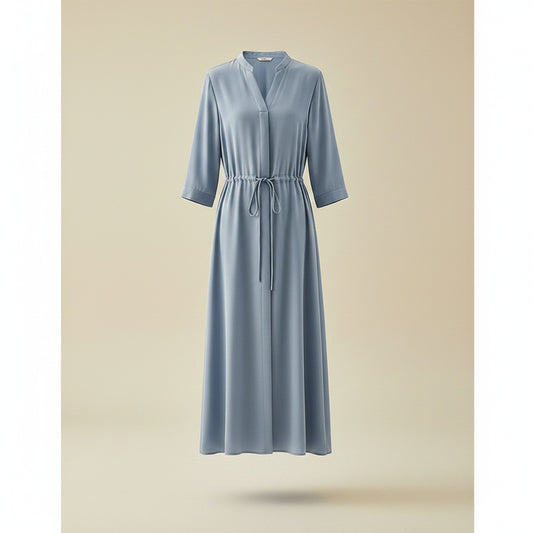 Mulberry silk shirt dress in slate blue with v-neck placket, drawstring waist and soft front slit skirt.