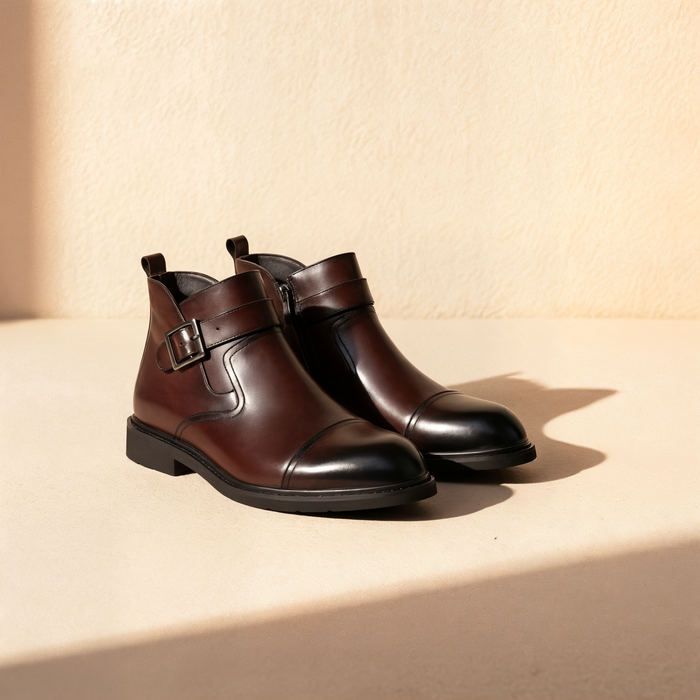 BURGUNDY BUCKLED CHELSEA ANKLE BOOT