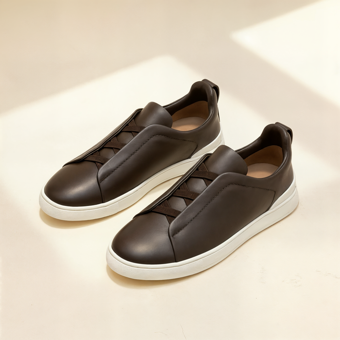 CHOCOLATE TRIPLE-STITCH LEATHER SLIP-ON