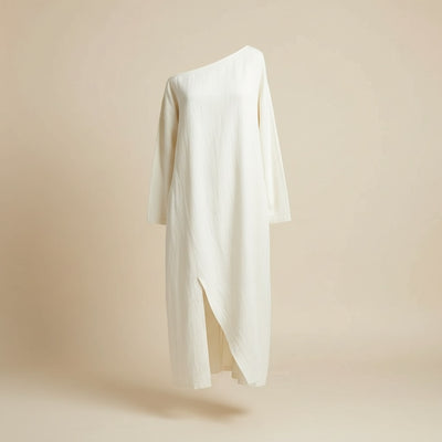 IVORY LINEN ASYMMETRIC MIDI DRESS