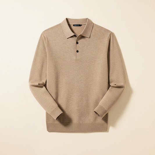 Camel merino knit polo shirt with ribbed spread collar and button placket, styled with stone tailored trousers in soft studio light.