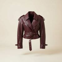 OXBLOOD CROPPED BELTED LEATHER JACKET