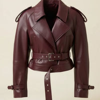 OXBLOOD CROPPED BELTED LEATHER JACKET