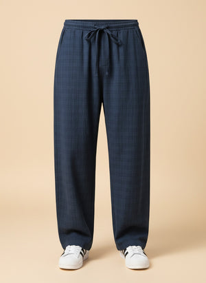 NAVY LINEN DRAWSTRING WIDE TROUSER