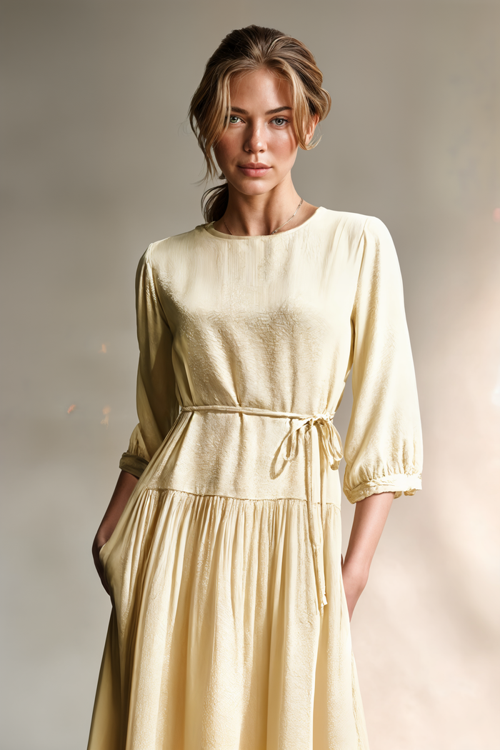 IVORY PLEATED SILK MIDI DRESS