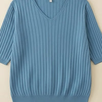 RIBBED V-NECK SHORT-SLEEVE KNIT
