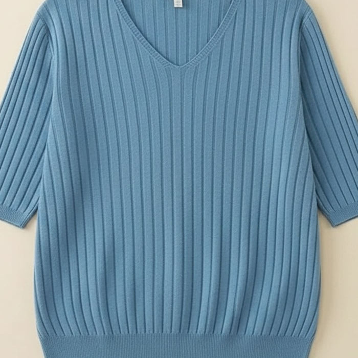 RIBBED V-NECK SHORT-SLEEVE KNIT