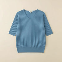 RIBBED V-NECK SHORT-SLEEVE KNIT