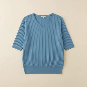 RIBBED V-NECK SHORT-SLEEVE KNIT