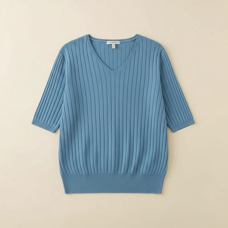 RIBBED V-NECK SHORT-SLEEVE KNIT