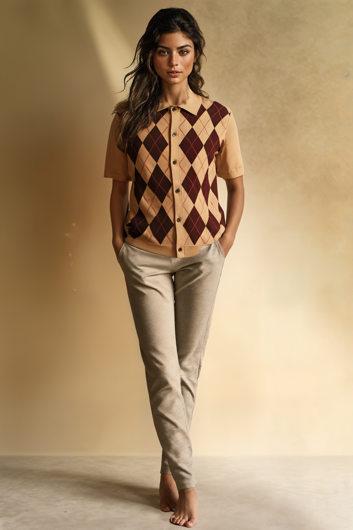 MERINO ARGYLE POLO CARDIGAN