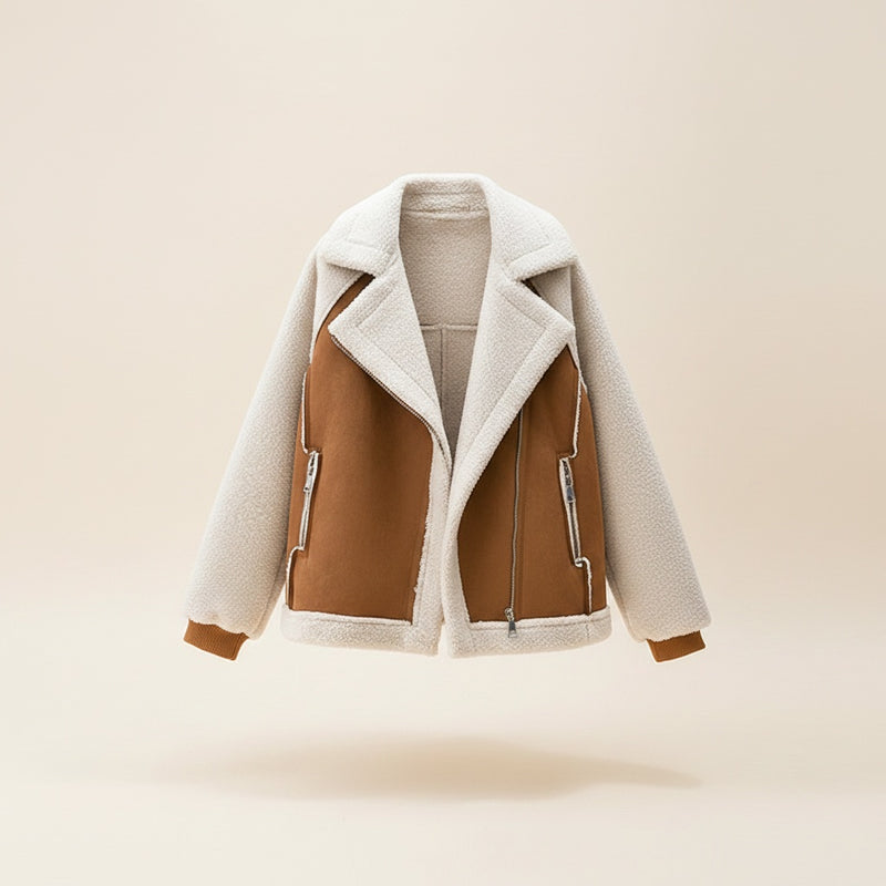 CAMEL SHEARLING MOTO JACKET