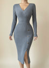 RIBBED WRAP KNIT MIDI DRESS