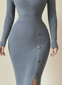 RIBBED WRAP KNIT MIDI DRESS