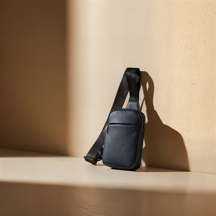 NAVY PEBBLED LEATHER CROSSBODY SLING