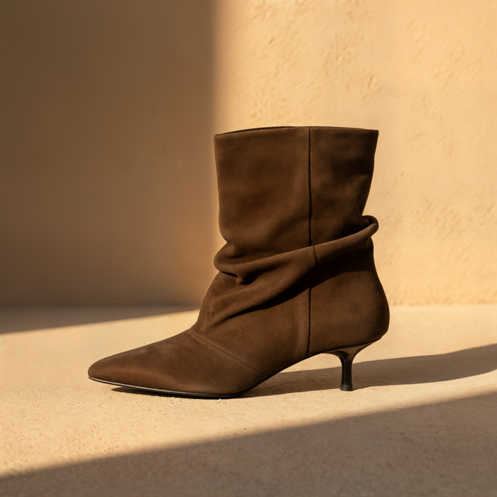 CHOCOLATE PLEATED SUEDE KITTEN HEEL BOOT