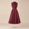 BURGUNDY SHAWL-LAPEL BELTED MIDI DRESS