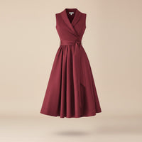 BURGUNDY SHAWL-LAPEL BELTED MIDI DRESS