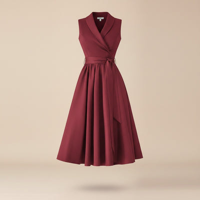 BURGUNDY SHAWL-LAPEL BELTED MIDI DRESS