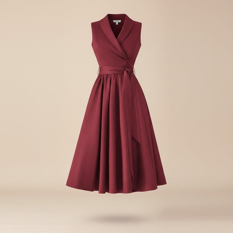 BURGUNDY SHAWL-LAPEL BELTED MIDI DRESS
