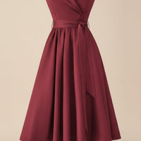BURGUNDY SHAWL-LAPEL BELTED MIDI DRESS