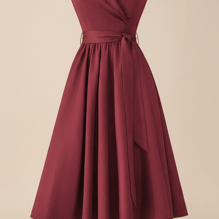 BURGUNDY SHAWL-LAPEL BELTED MIDI DRESS