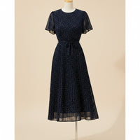 NAVY POLKA CHIFFON MIDI DRESS