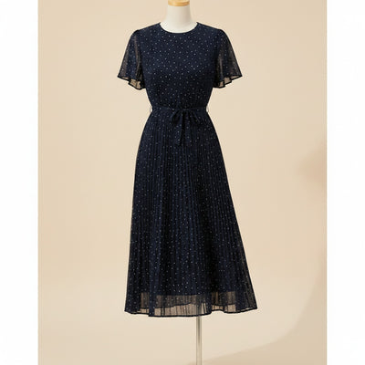 NAVY POLKA CHIFFON MIDI DRESS