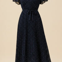 NAVY POLKA CHIFFON MIDI DRESS