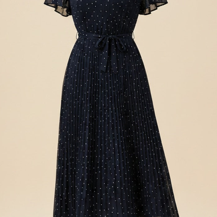 NAVY POLKA CHIFFON MIDI DRESS