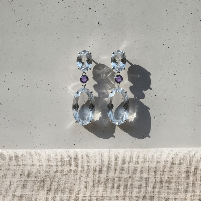 CLEAR QUARTZ AMETHYST DROP EARRINGS