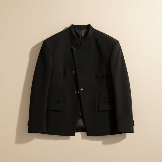 Matte black mandarin-collar blazer with asymmetric placket and tonal stud buttons, styled with taupe trousers in soft studio light.