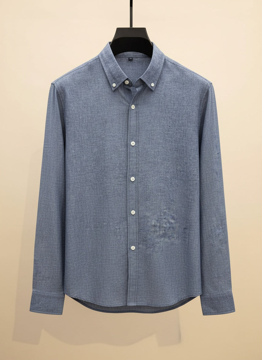 Slate blue linen-blend button-down shirt styled with stone tapered trousers, softly lit against a warm off-white studio backdrop.
