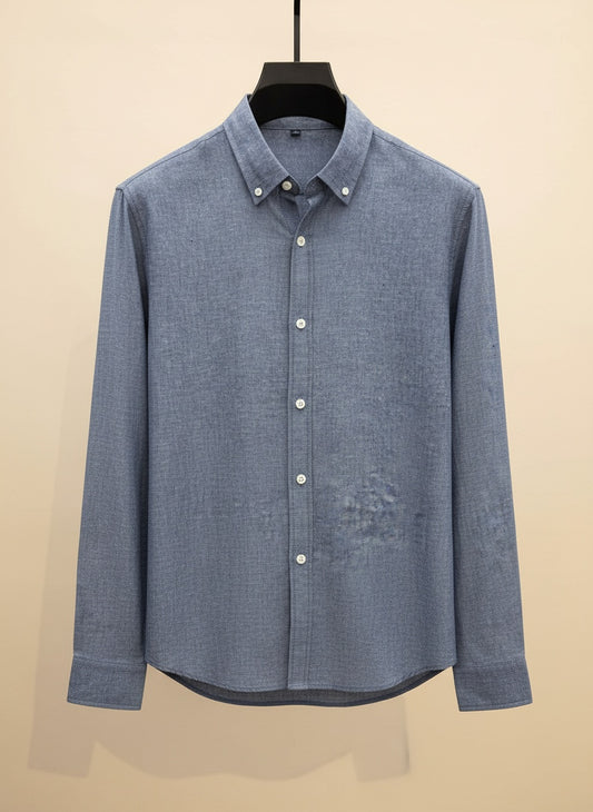 Slate blue linen-blend button-down shirt styled with stone tapered trousers, softly lit against a warm off-white studio backdrop.