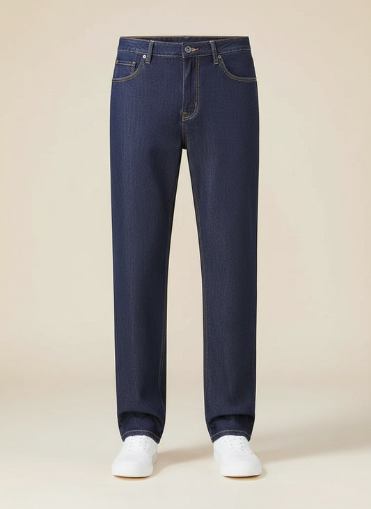 Deep indigo straight-leg tencel-blend jeans with tonal stitching, styled with a ribbed tank on a warm neutral studio backdrop.