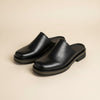 BLACK LEATHER BACKLESS LOAFER MULE