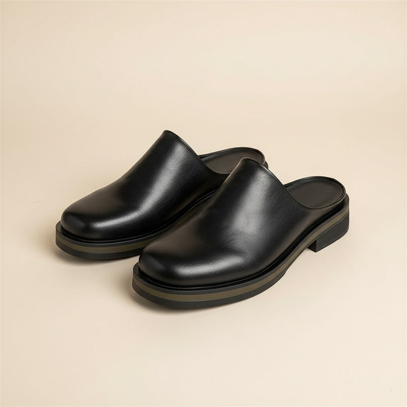 BLACK LEATHER BACKLESS LOAFER MULE