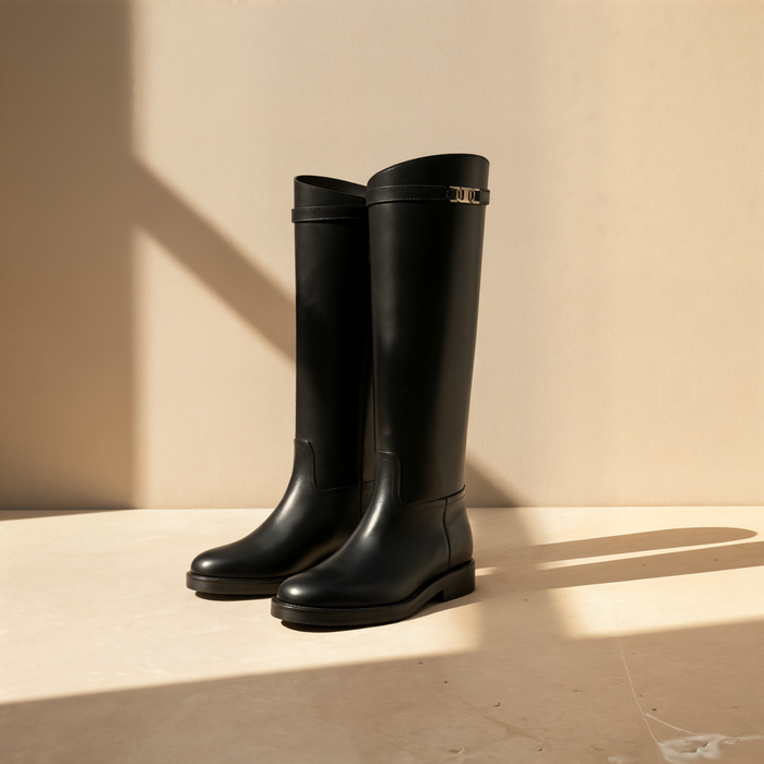 BLACK LEATHER KNEE-HIGH RIDING BOOT