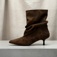 CHOCOLATE PLEATED SUEDE KITTEN HEEL BOOT