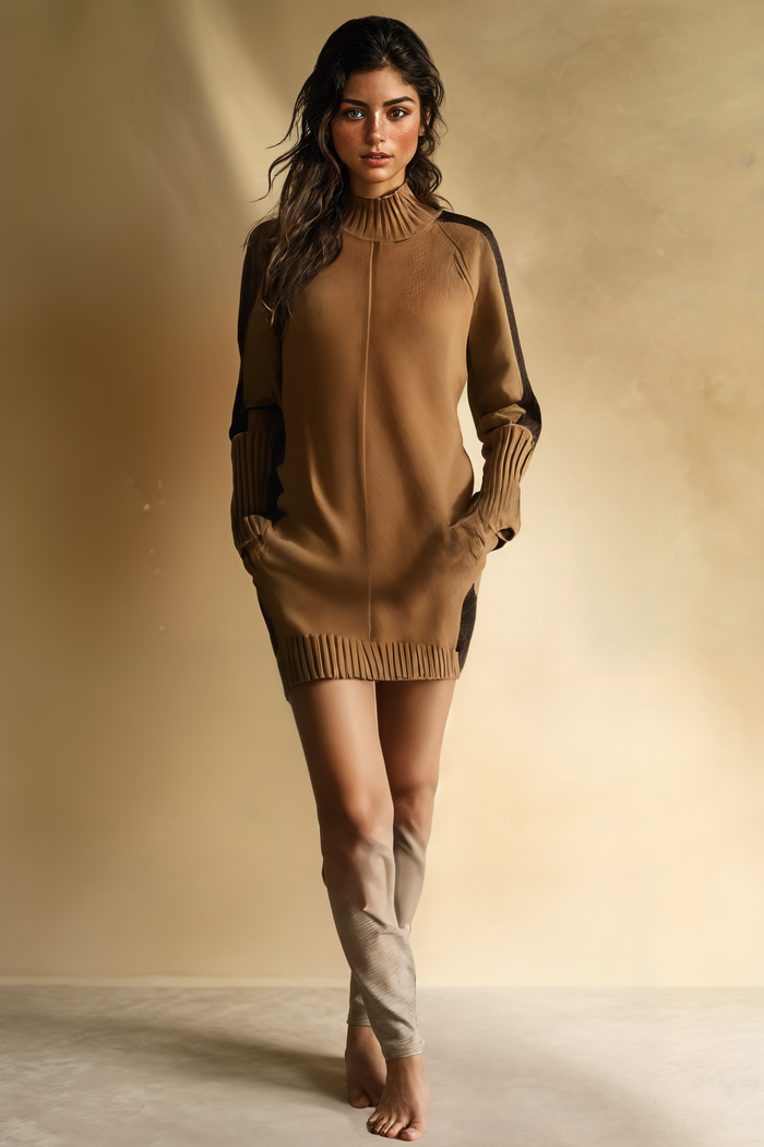 CAMEL COLOUR-BLOCK KNIT DRESS