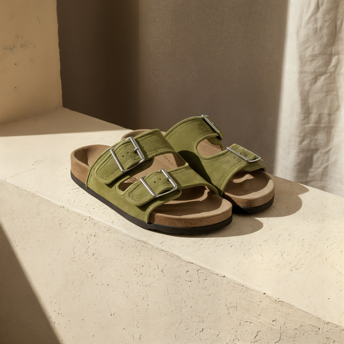 DOUBLE STRAP LEATHER SLIDE SANDAL