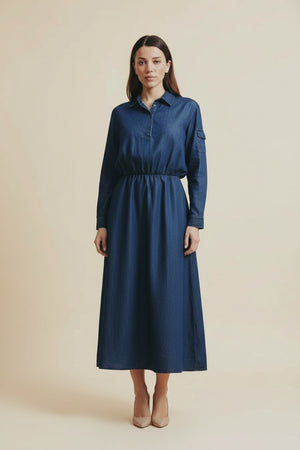 INDIGO CHAMBRAY A-LINE SHIRT DRESS
